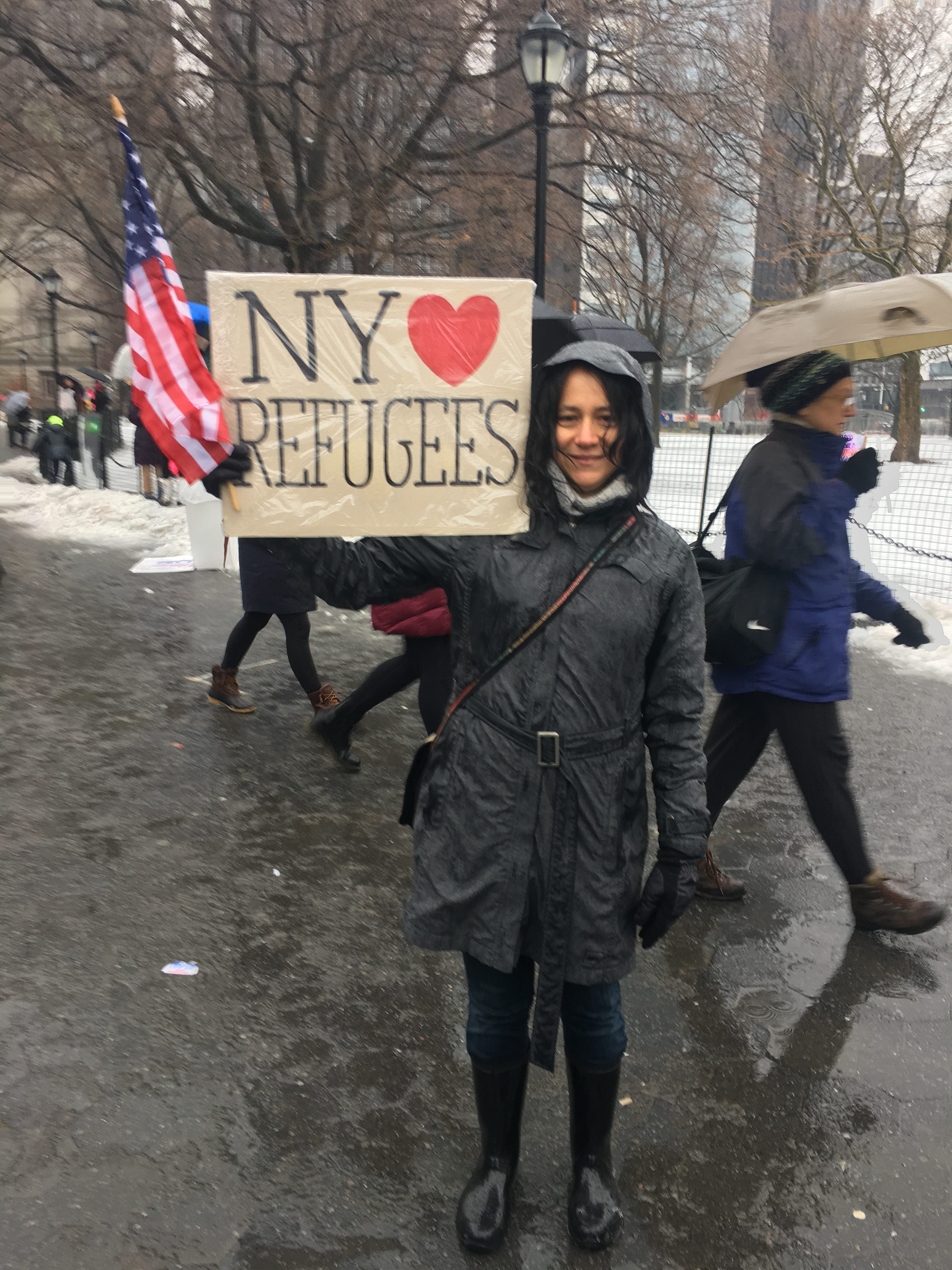 Lisa Davidson, seen at the New York rally, said she sees parallels between the Holocaust and the civil war in Syria. (Josefin Dolsten)