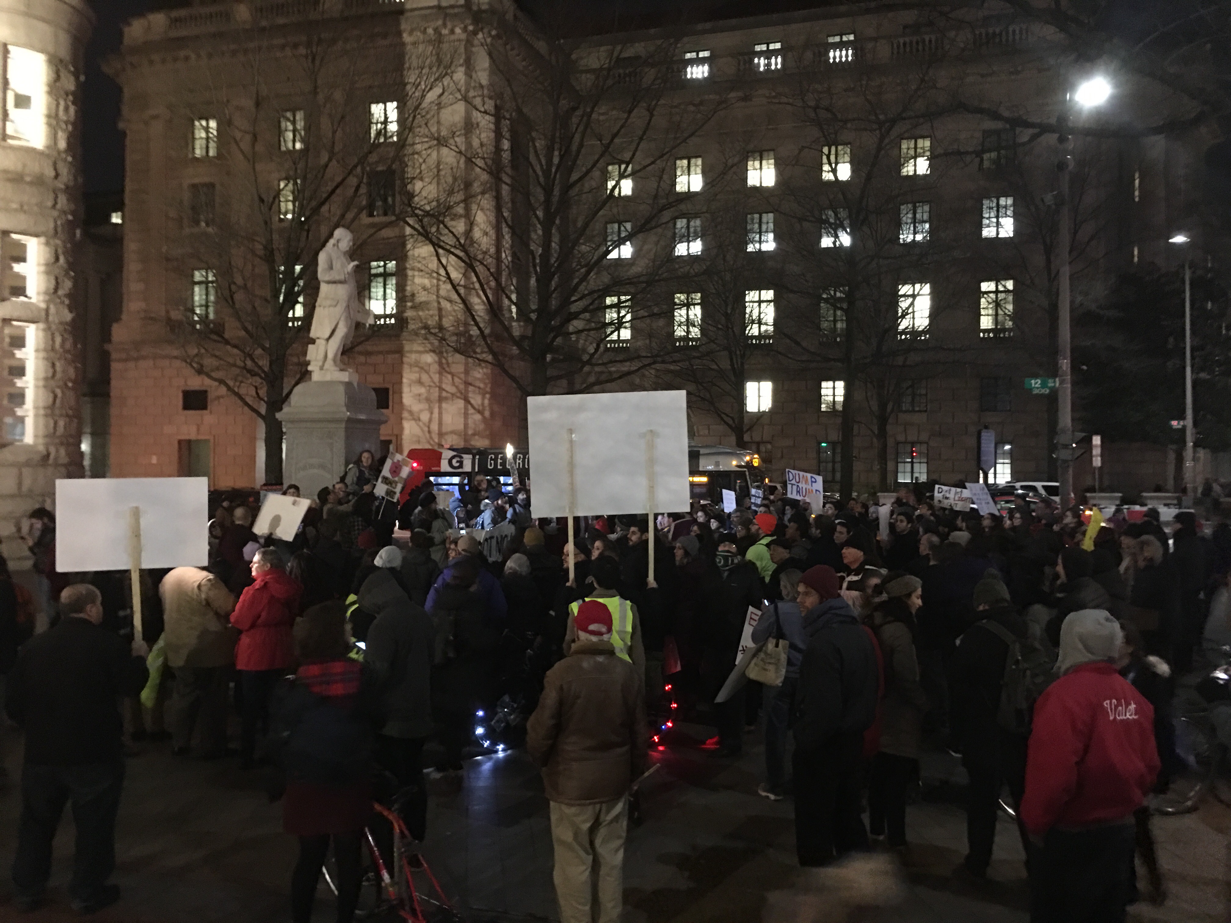 IfNotNow protesters outside the Trump International Hotel in Washington, D.C., demonstrate against a Hanukkah party co-hosted by the Conference of Presidents of Major American Jewish Organizations, Dec. 14, 2016. (Ron Kampeas)