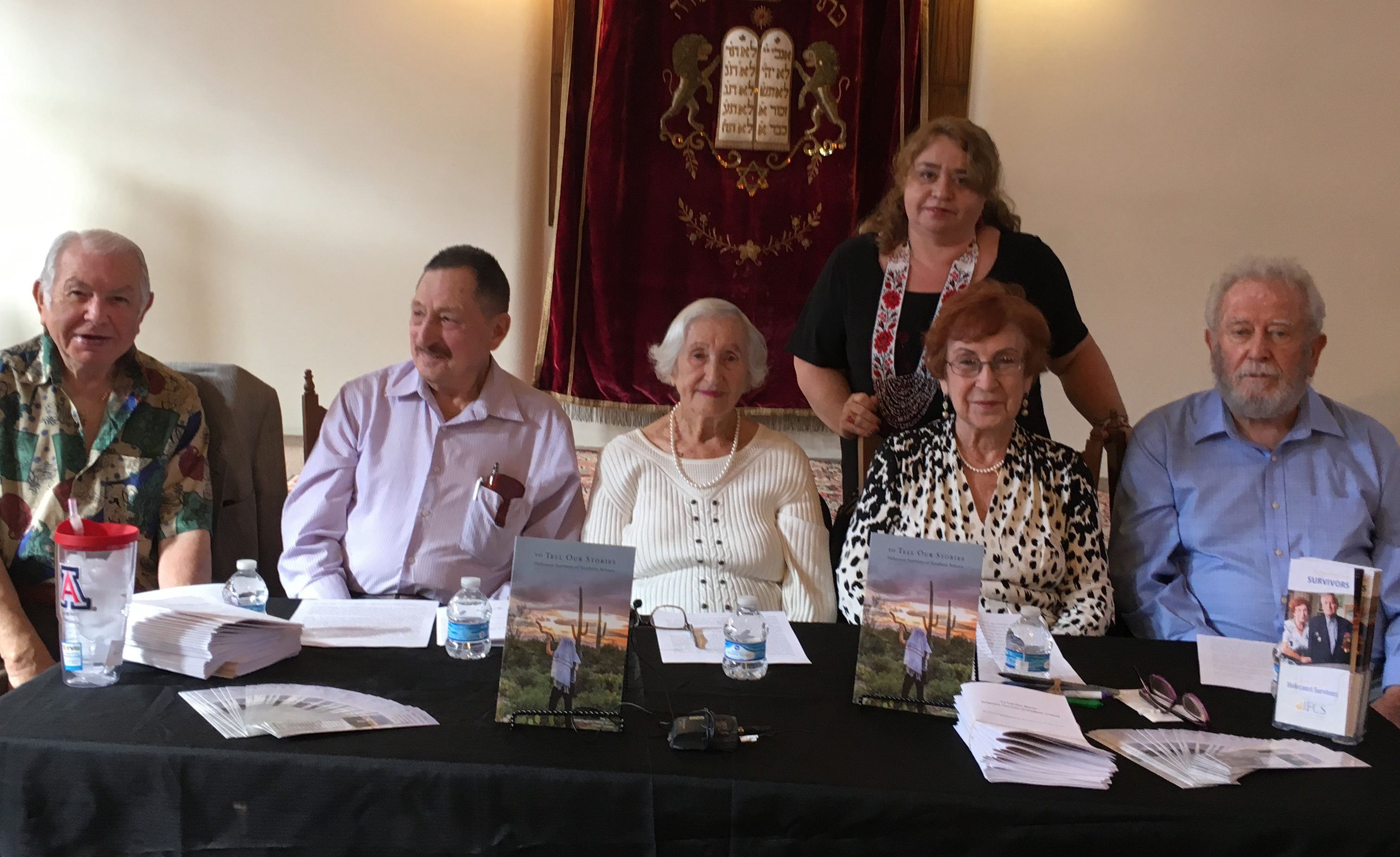 (L-R): Holocaust survivors (seated) Walter Feiger, Wolfgang Hellpap, Lyubov Krimberg, Valentina Yakorevskaya and Pawel Lichter. Standing, JFCS Holocaust Program Manager Raisa Moroz (Courtesy JFCS)