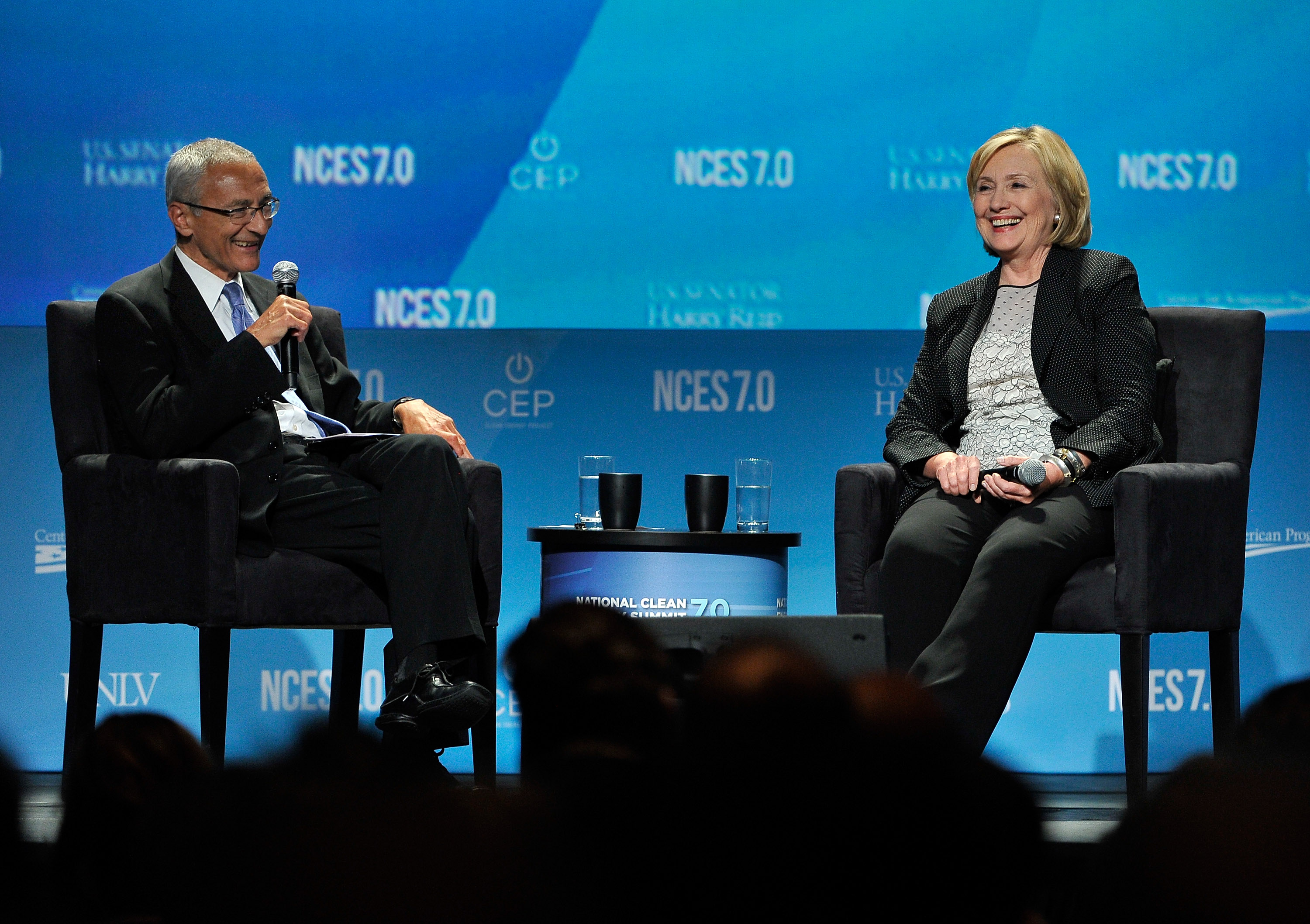 John Podesta and Hillary Clinton at the National Clean Energy Summit 7.0 in Las Vegas, Sept. 4, 2014. (David Becker/Getty Images for National Clean Energy Summit)