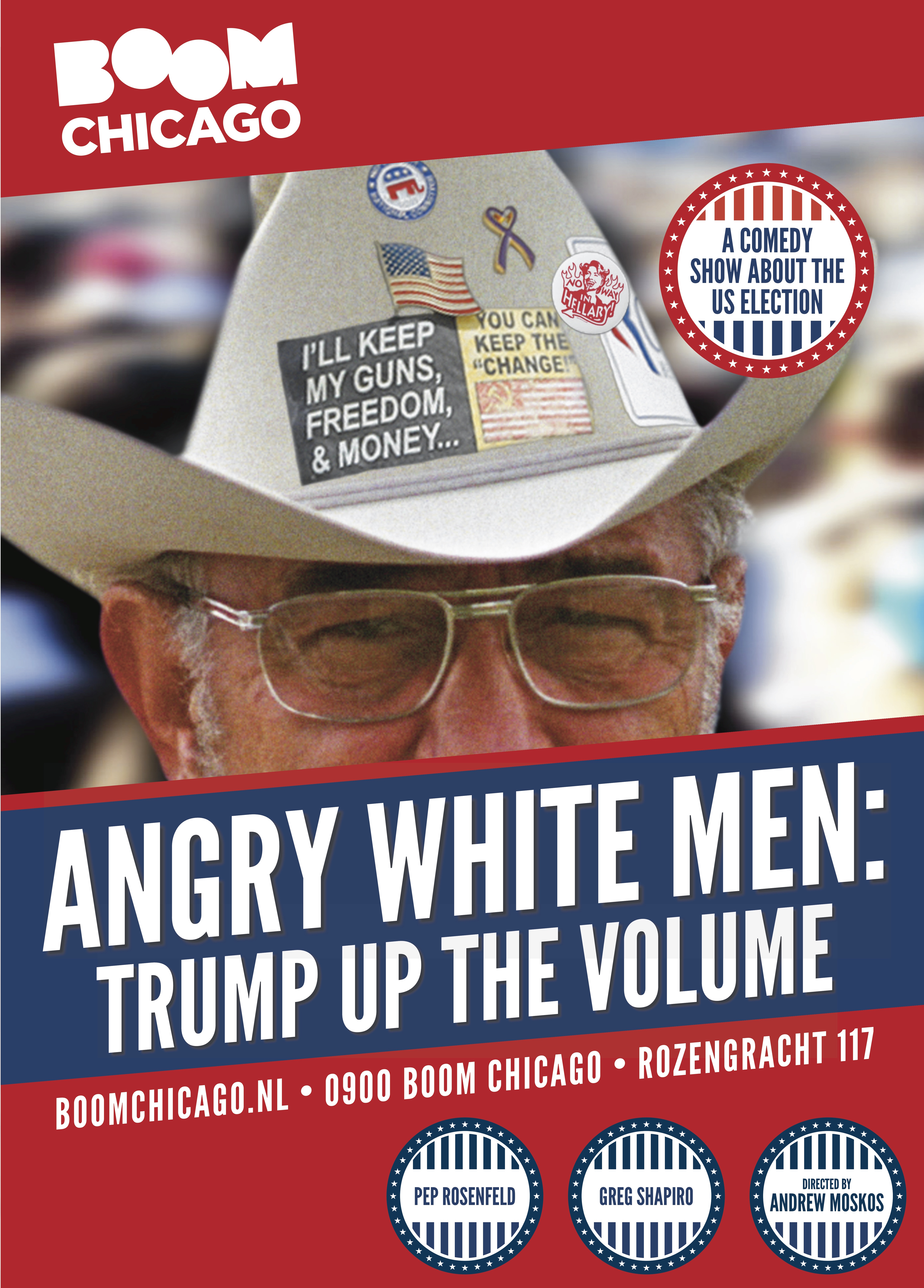 Poster for the 'Angry White Men' show by Pep Rosenfeld and Greg Shapiro (Courtesy of Boom Chicago)
