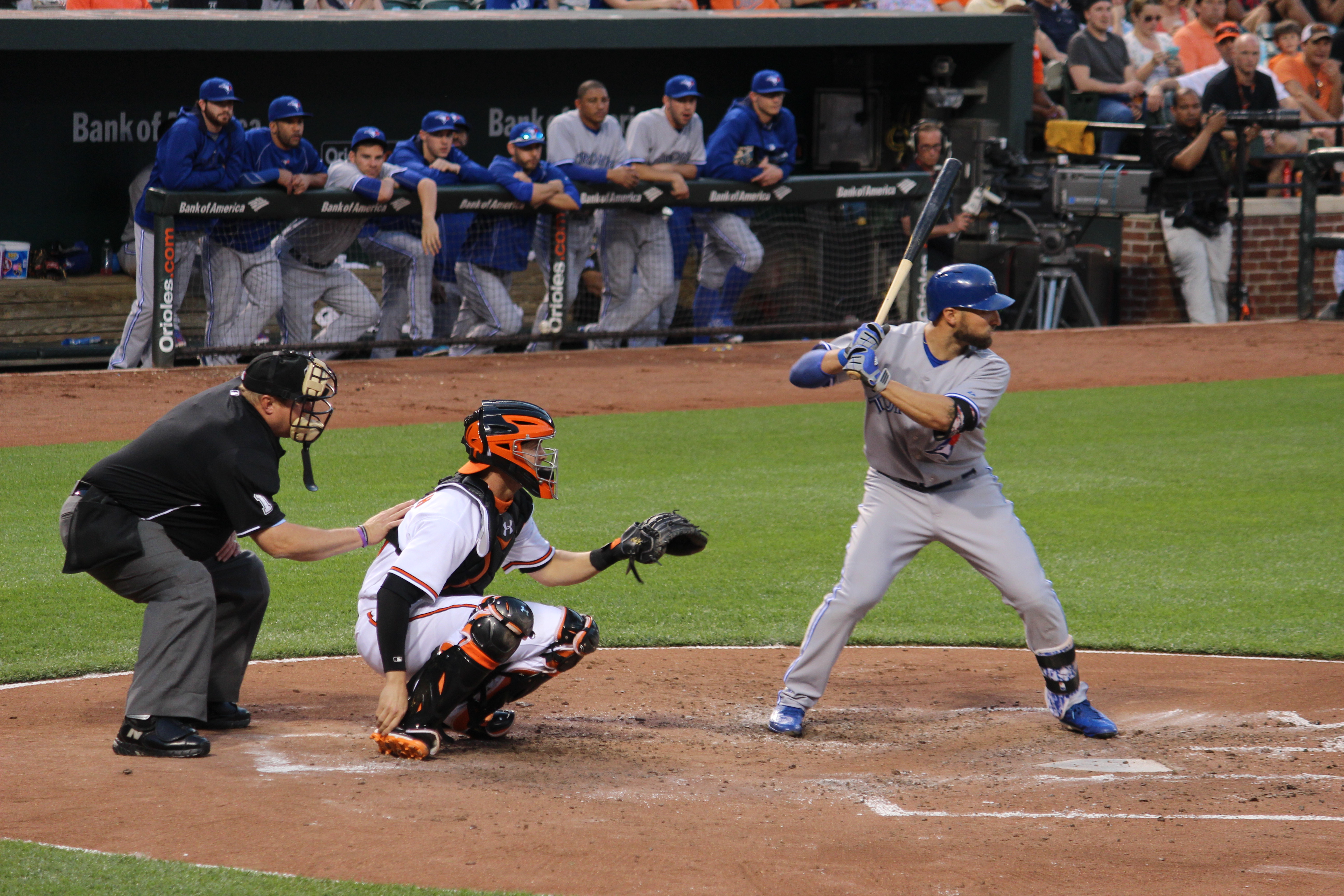 Kevin Pillar hitting against the Baltimore Orioles, May 12, 2015. At least one observer sees the Toronto Blue Jays' outfielder as the best Jewish player in baseball. (Hillel Kuttler)