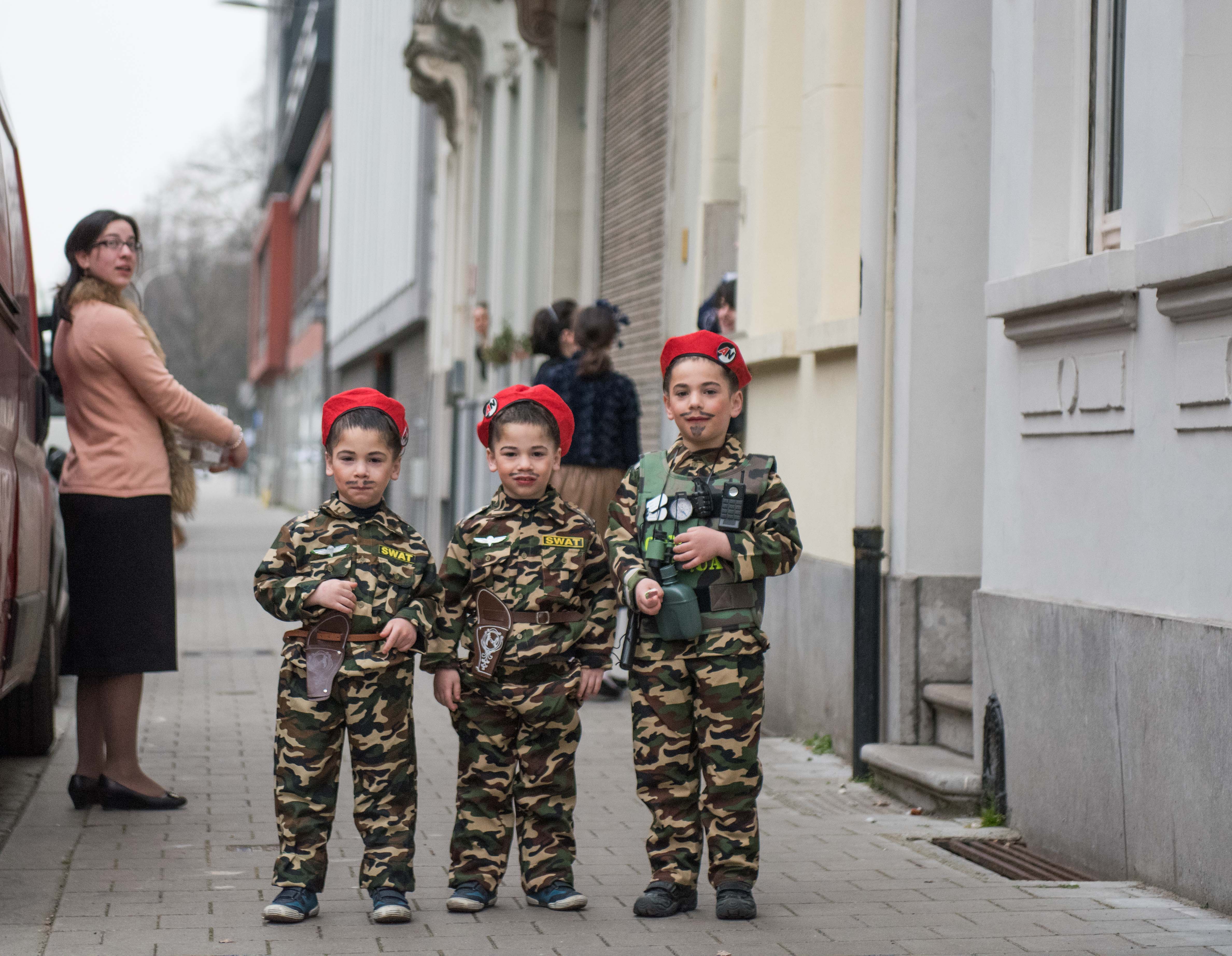 Jewish children in Antwerp, Belgium, dressed as soldiers on Purim, March 24, 2016. (Cnaan Liphshiz)