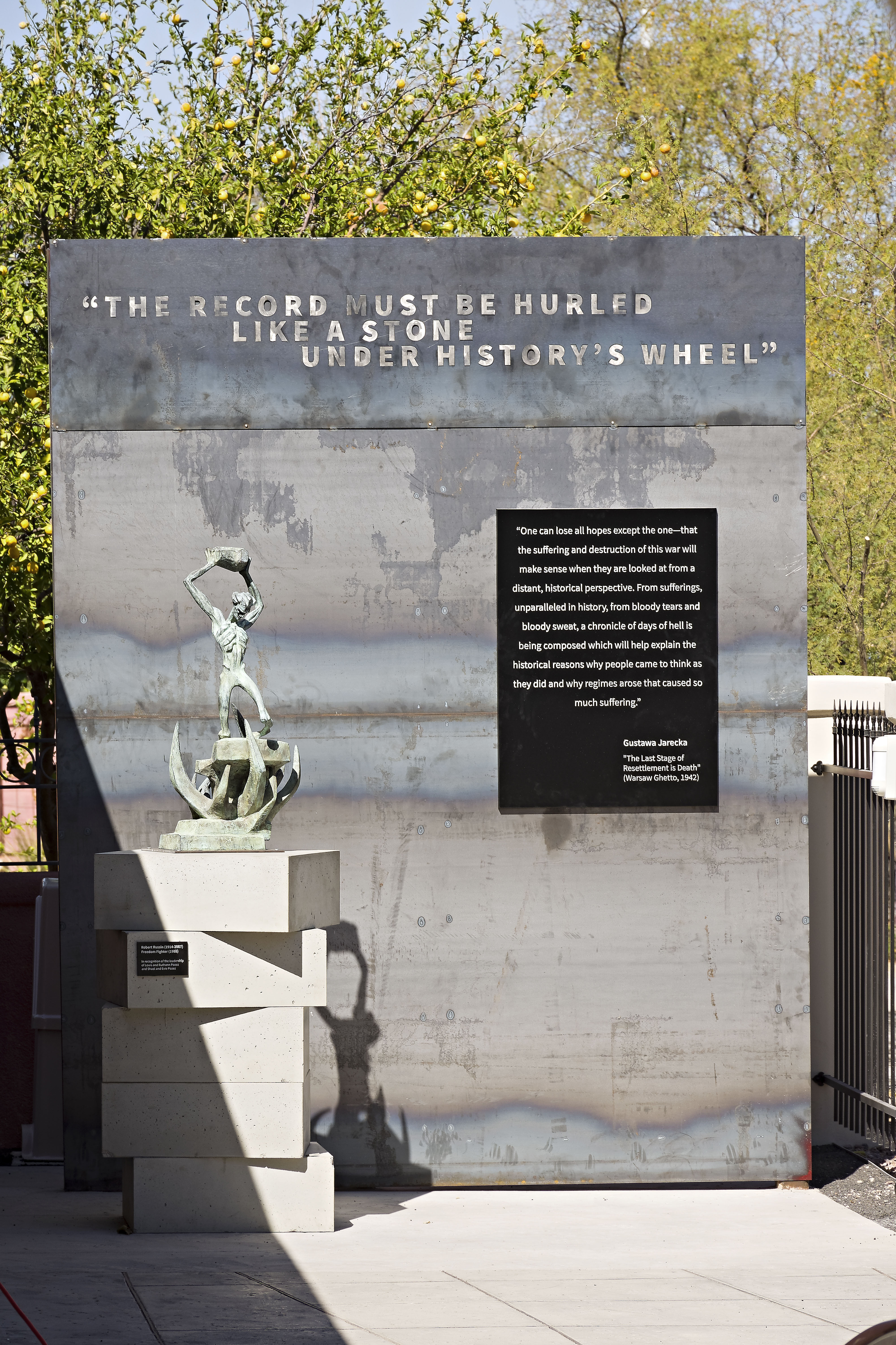 Warsaw Ghetto Uprising sculpture in the Ray Davies Sculpture Garden along Stone Avenue at the Holocaust History Center (Liam Frederick)