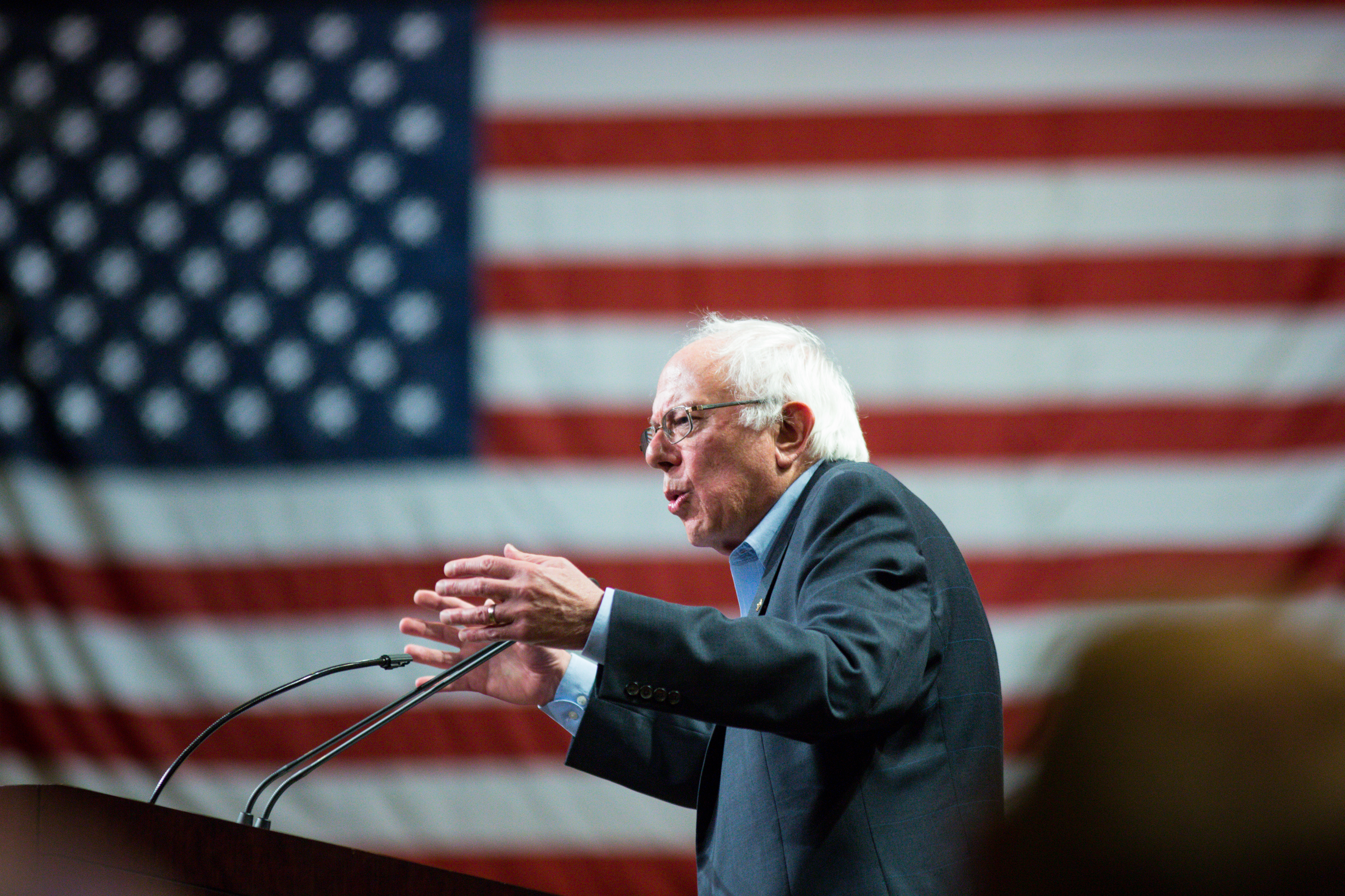 Sen. Bernie Sanders of Vermont speaking at the Phoenix Convention Center, July 18, 2015. The Democratic presidential is backing the Iran deal. (Charlie Leight/Getty Images)
