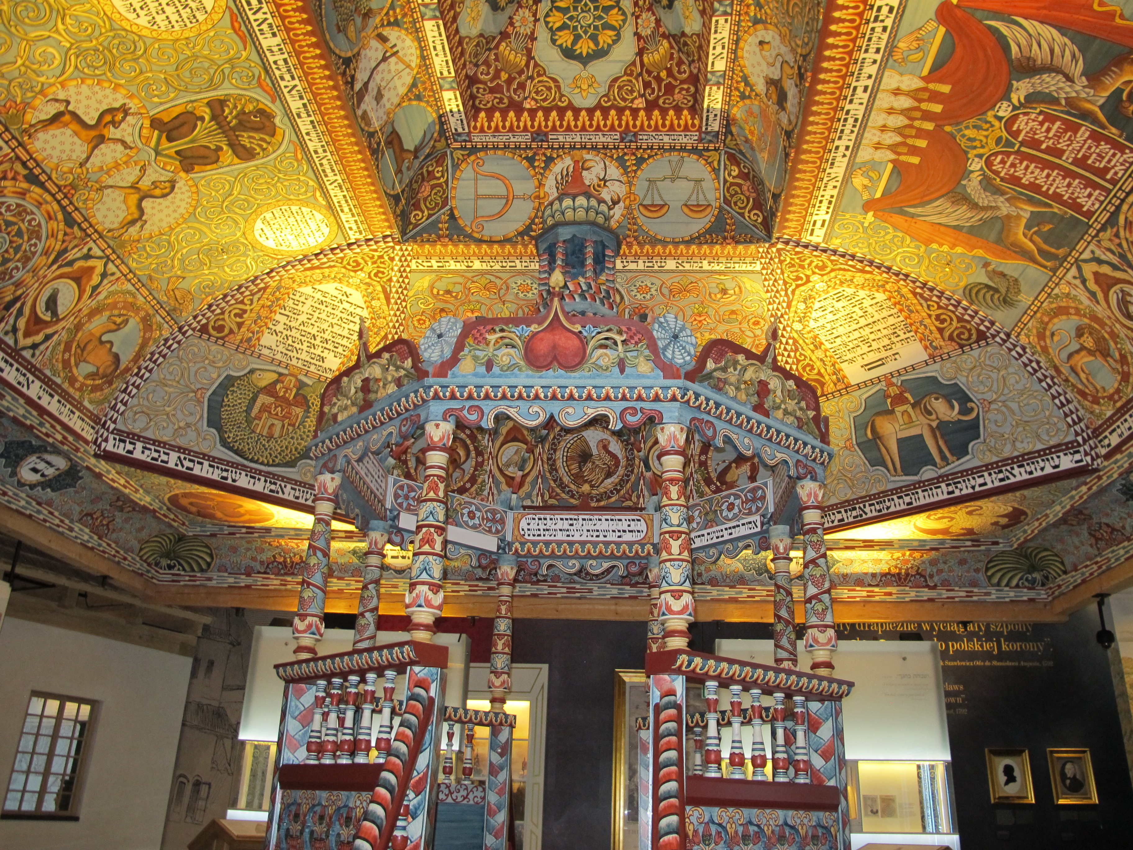 A view of the reconstructed painted ceiling of the wooden synagogue of Gwozdiec, a key installation in the core exhibit of the POLIN Museum of the History of Polish Jews, Oct. 28, 2014.