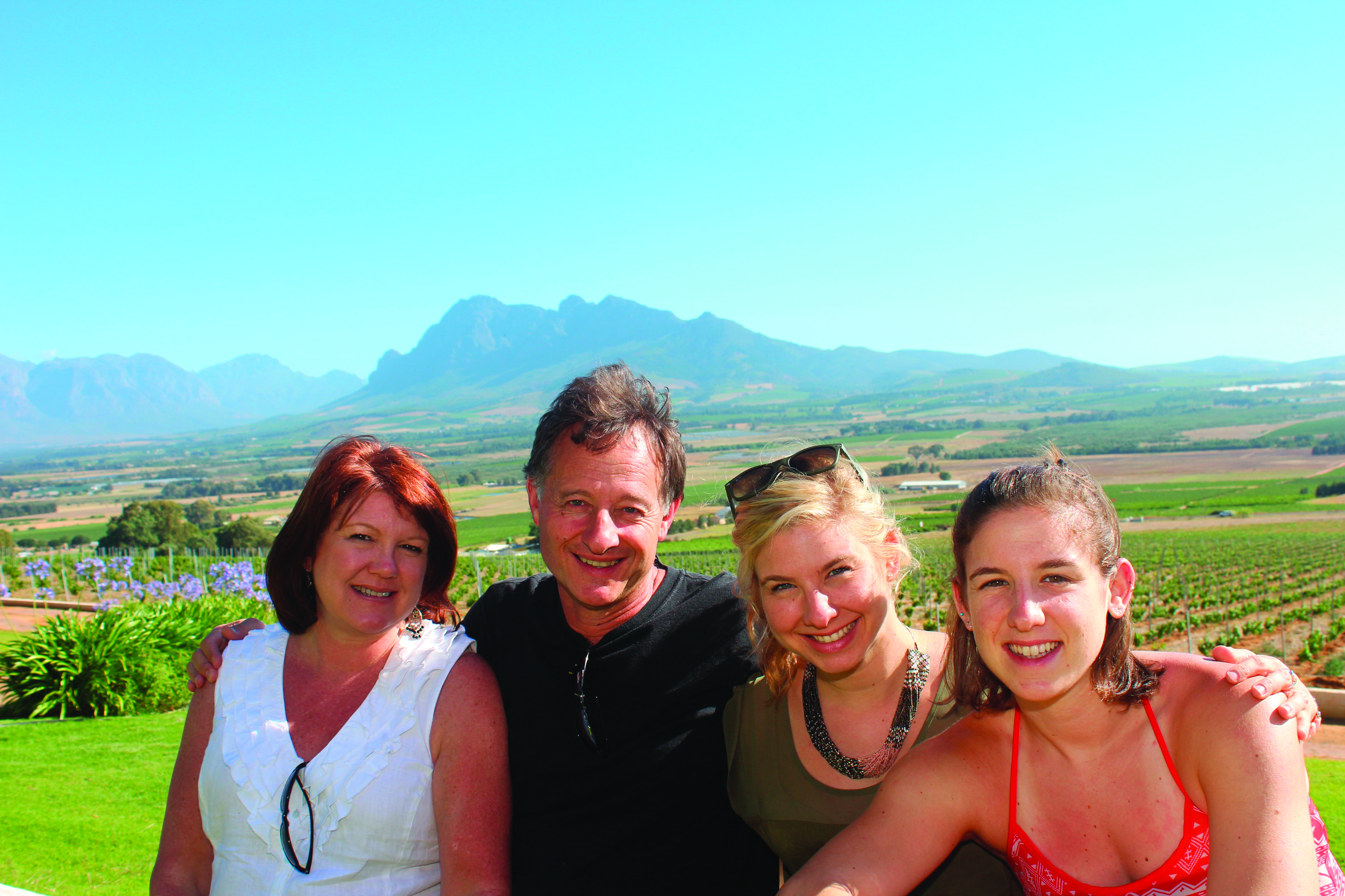 (L-R): Karen, Lionel, Danielle and Ariella Faitelson at the Spice Route Winery near Cape Town, South Africa. Paarl (“Pearl”) Mountain can be seen in the background. (Courtesy Karen Faitelson)
