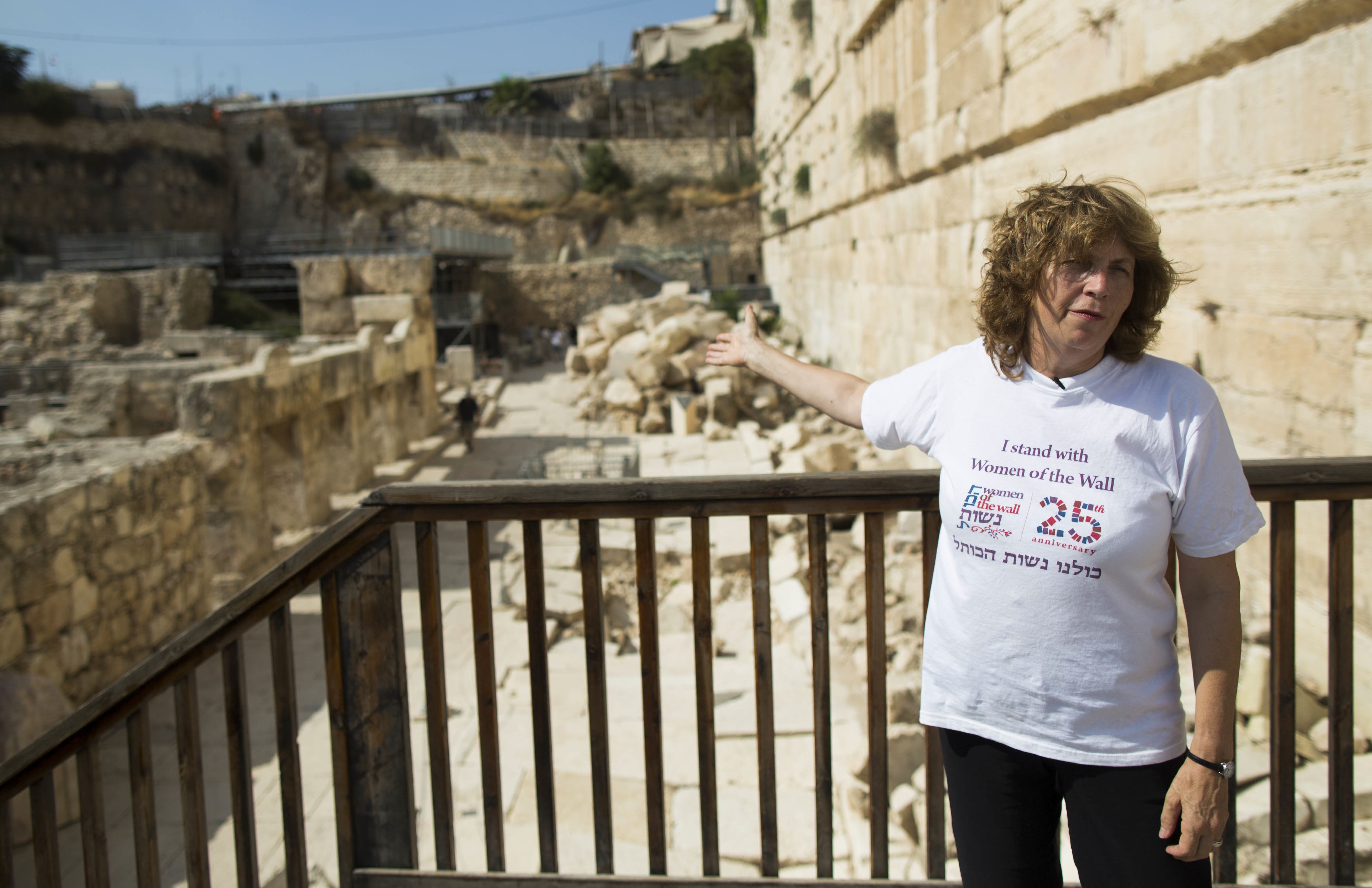 Women of the Wall leader Anat Hoffman gestures toward a new platform built for egalitarian prayer at Robinson's Arch. (JTA/Yonatan Sindel/Flash90)