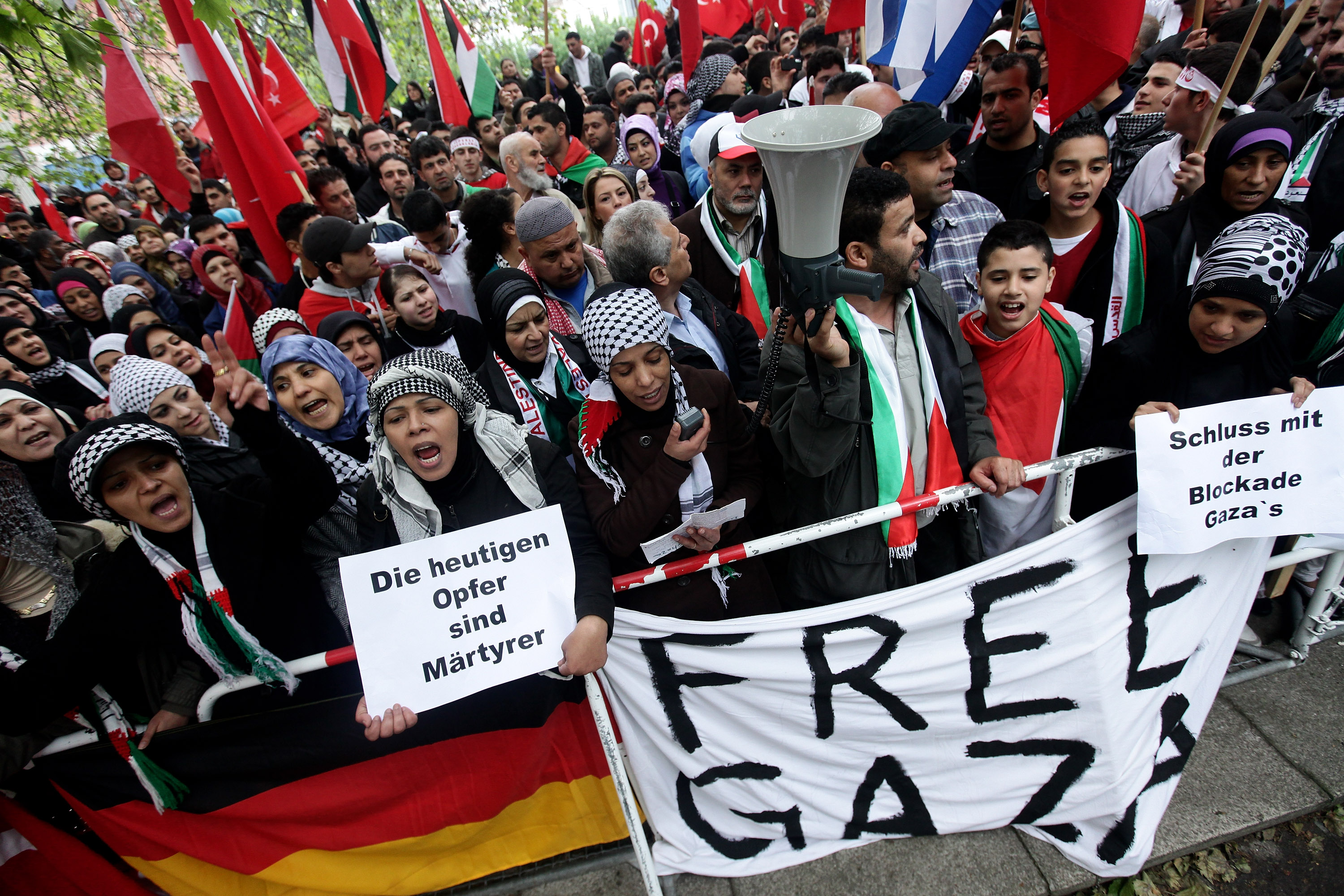 Demonstrators in Berlin protesting the deaths of pro-Palestinian activists in a clash with Israeli commandos aboard the Turkish ship Mavi Marmara, June 2010. (Sean Gallup/Getty)