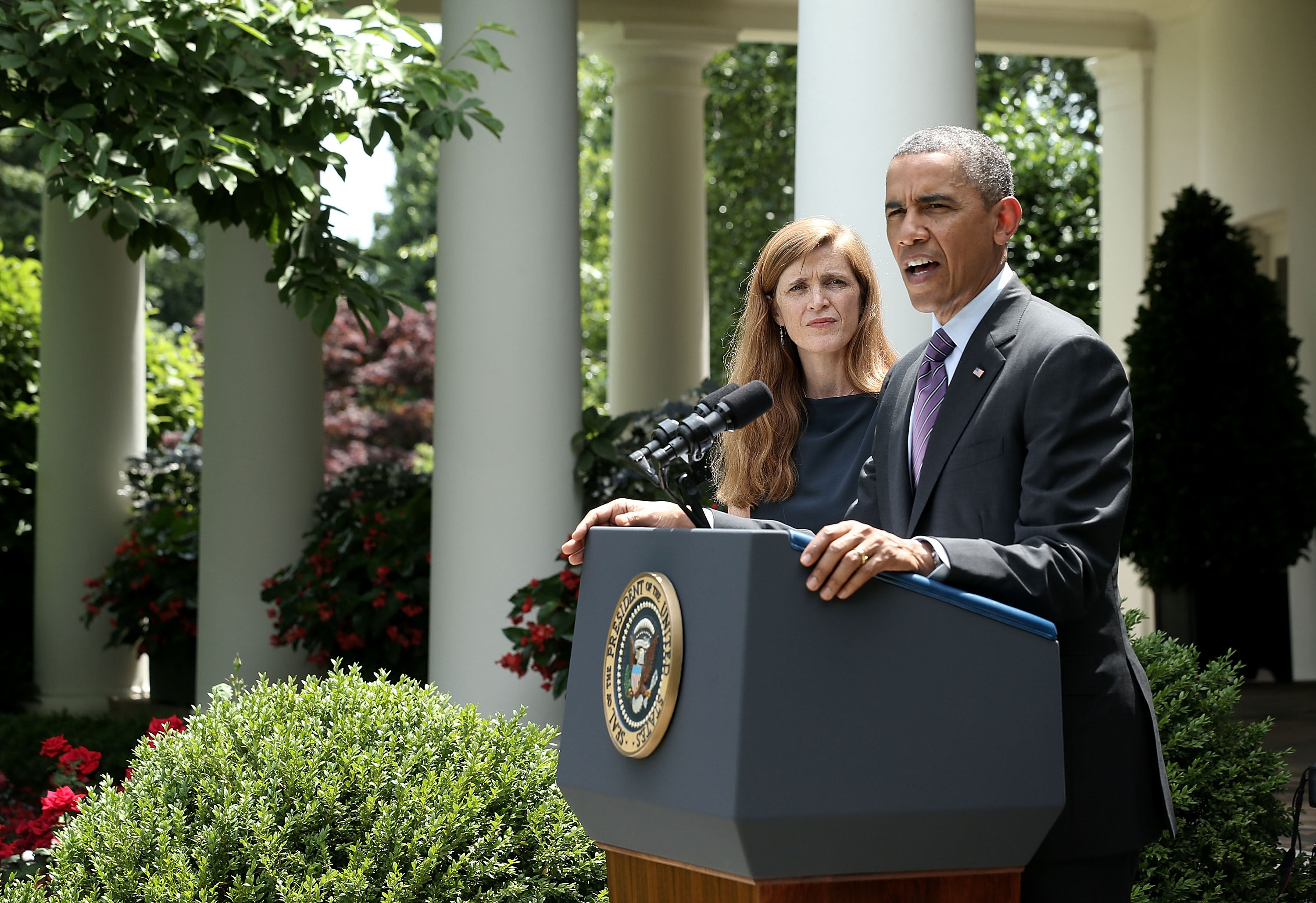 Samantha Power, recently nominated as U.S. ambassador to the United Nations, listens to President Obama as he announces the nomination of Susan Rice to be the next National Security Advisor at the White House, June 5, 2013. (Alex Wong/Getty/JTA)