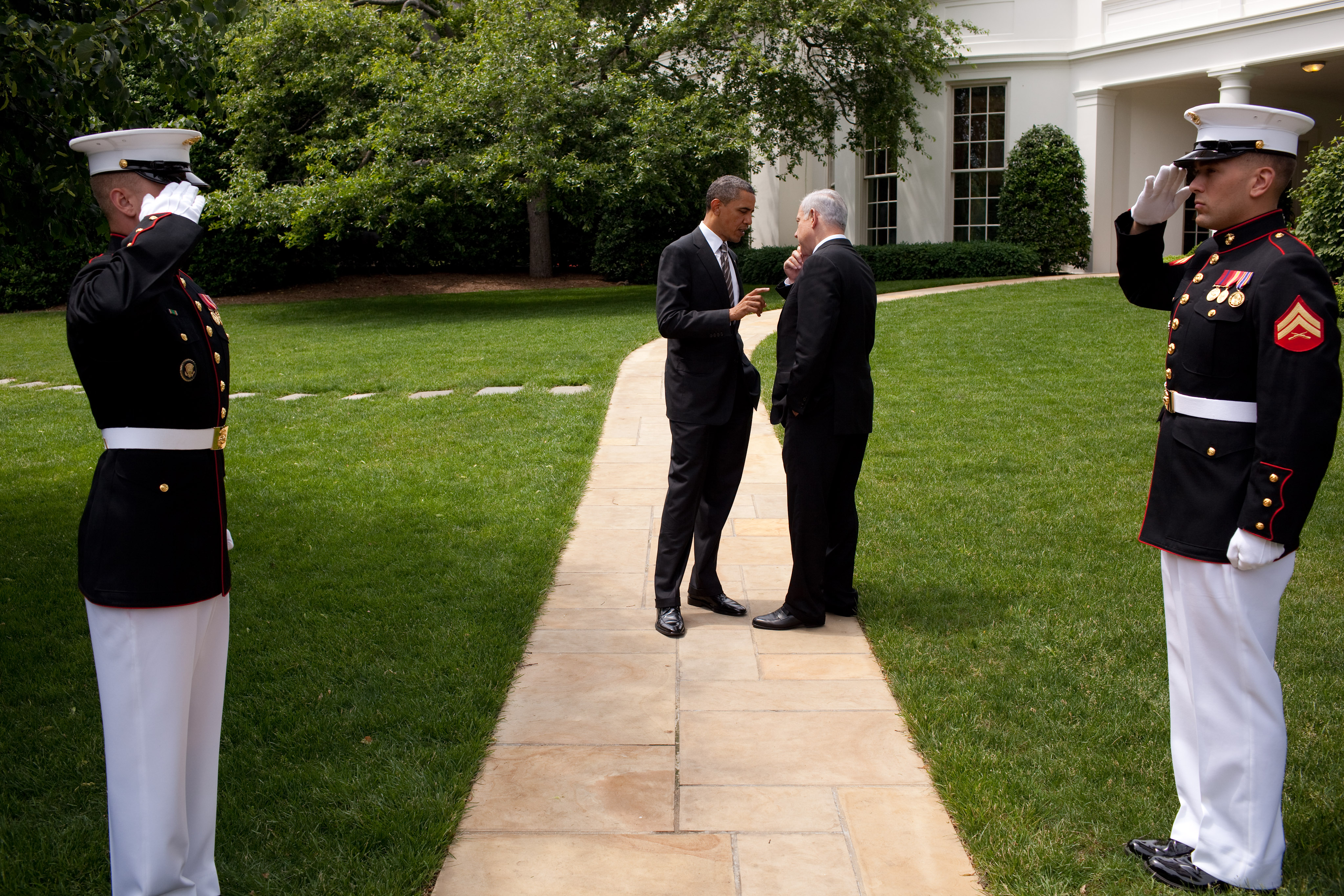 President Obama speaks with Israeli Prime Minister Benjamin Netanyahu following their meetings on May 20, 2011. (White House /Pete Souza)