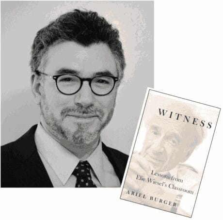 A headshot of a man with a book cover inset.