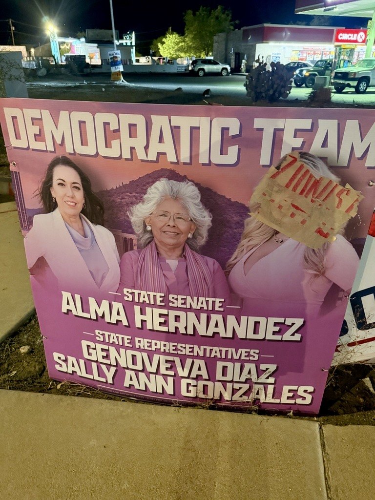 Defaced campaign signs bearing an antisemitic slur